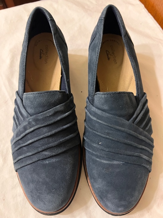 Clarks Shoes - Clarks Navy Suede Ruched Slip-On Loafers